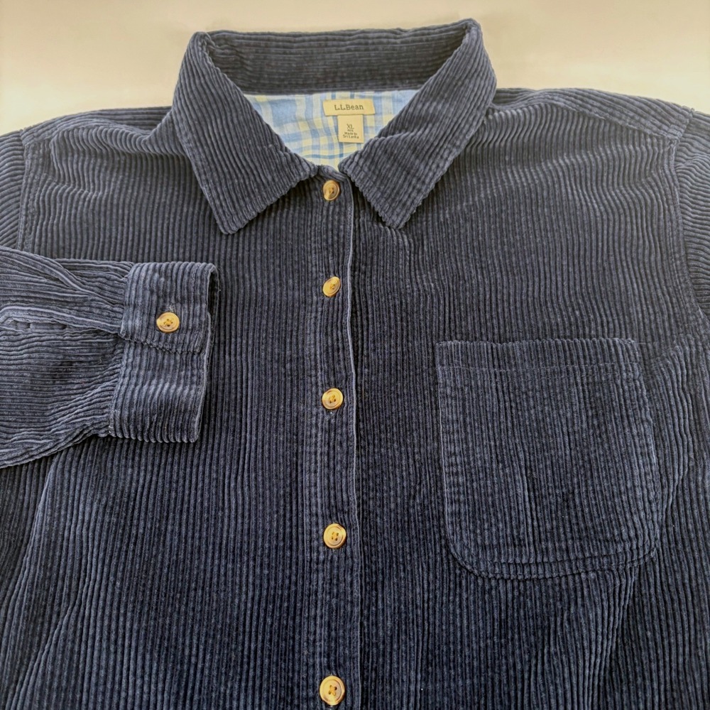 LL Bean Mens XL Navy Blue Corduroy Button Down Shirt Plaid Trim 273275